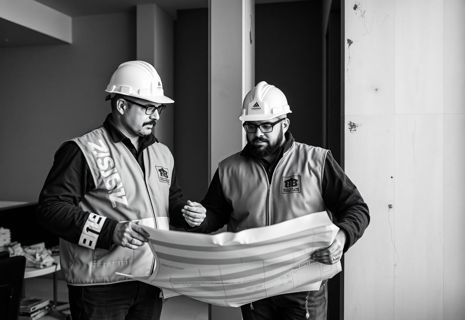 AQ Construction team reviewing blueprints